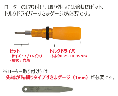 ローターを交換するための取り付け、取り外しには適切なビット、トルクドライバー、すきまゲージが必要です